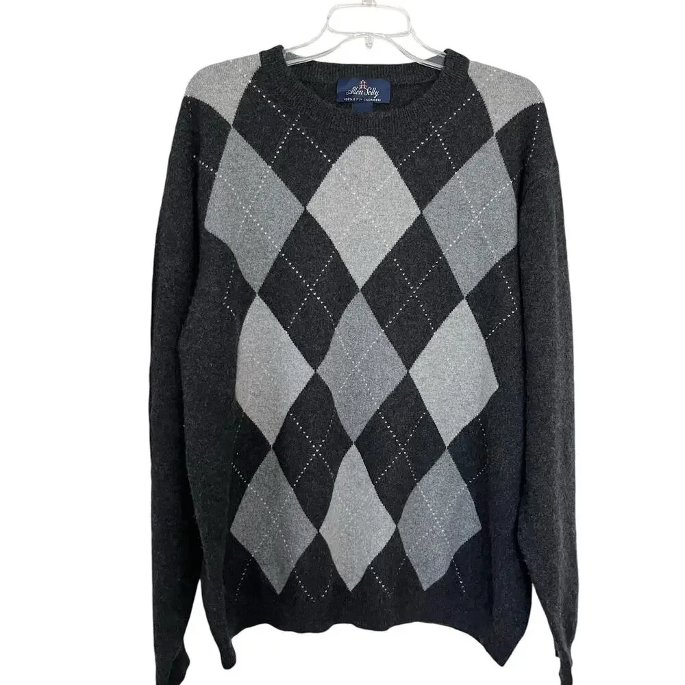 Allen Solly Black Gray Argyle 100% 2-Ply Cashmere Crewneck Pullover Sweater XL